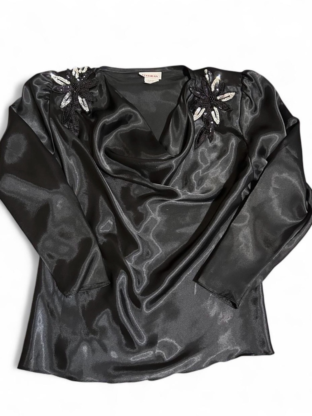 Vintage Korrigan Black Satin Beaded Floral Cowl Neck Blouse Small